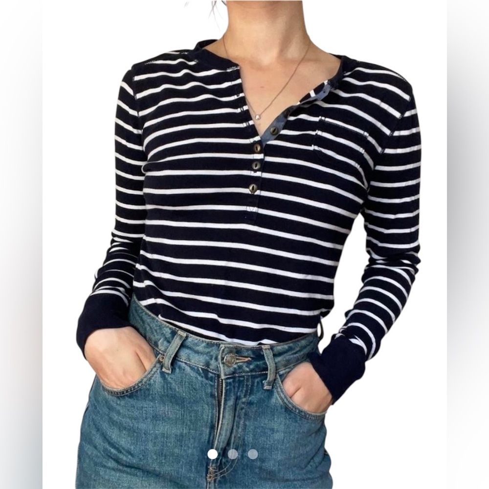 Lauren Ralph Lauren Women’s Black White Striped Pocket Long Sleeve Henley Size L - Picture 1 of 11